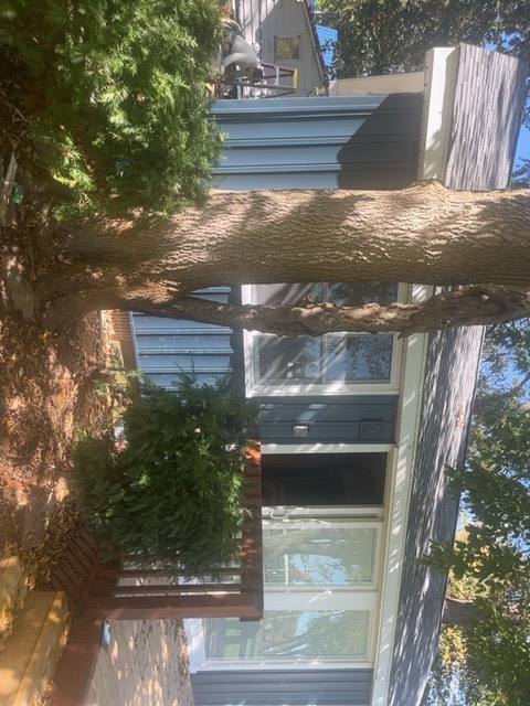 Detail of newly installed vinyl board and batten siding showing vertical profile and shadow lines in Lakeview